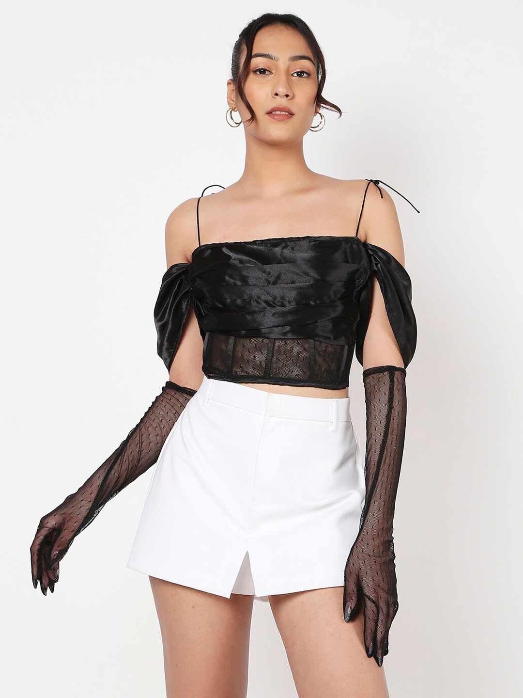 

LIYOKKI Shoulder Straps Slit Sleeves Satin Crop Top, Black