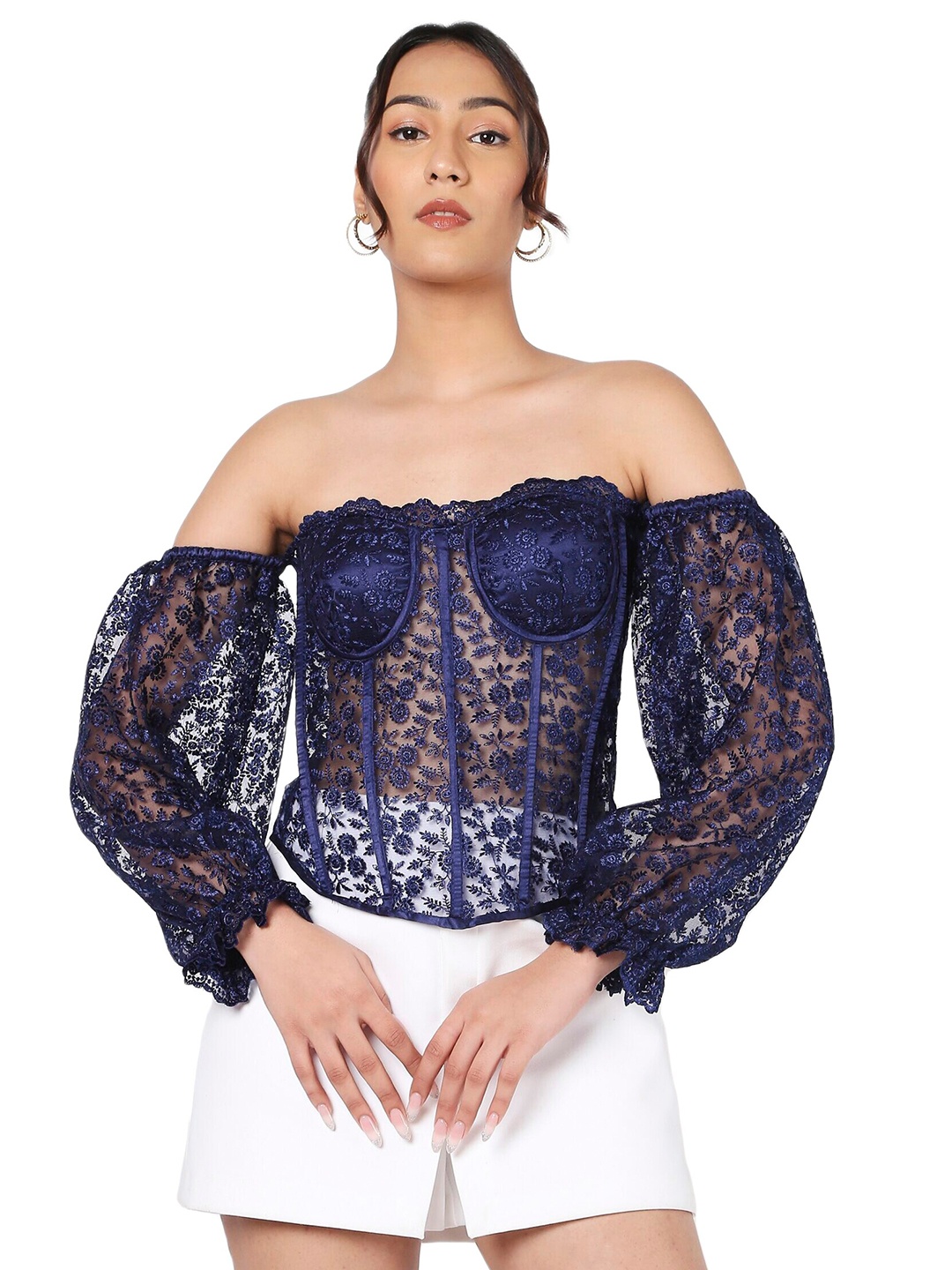 

LIYOKKI Floral Embroidered Off Shoulder Lace Up Corset Fitted Top, Blue