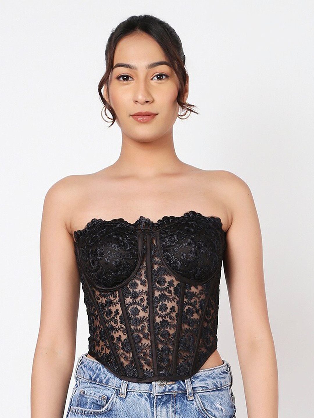 

LIYOKKI Floral Lace Sheer Strapless Lace Up Corset Crop Top, Black