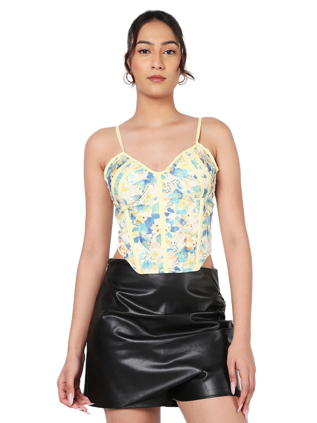 

LIYOKKI Floral Printed Tie Ups Cotton Fitted Crop Top, Yellow