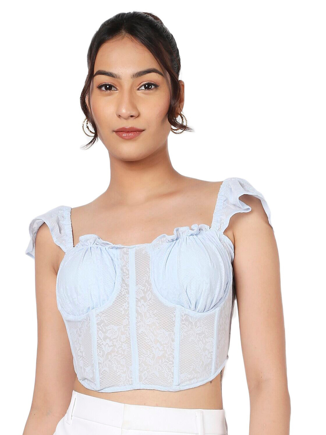 

LIYOKKI Floral Embroidered Shoulder Straps Lace Up Corset Crop Top, Blue