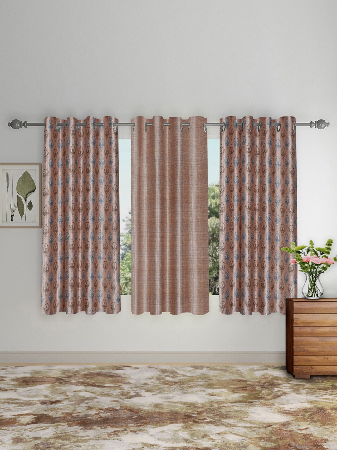 

SOKNACK Beige & Blue 3 Pieces Ethnic Motifs Black Out Window Curtains