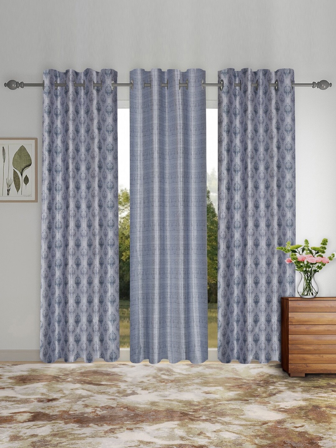 

SOKNACK Grey & White 3 Pieces Ethnic Motifs Black Out Long Door Curtains