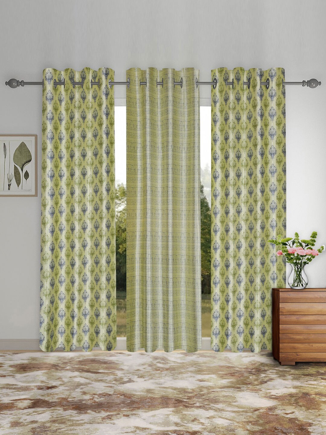 

SOKNACK Green & Blue 3 Pieces Ethnic Motifs Black Out Long Door Curtains