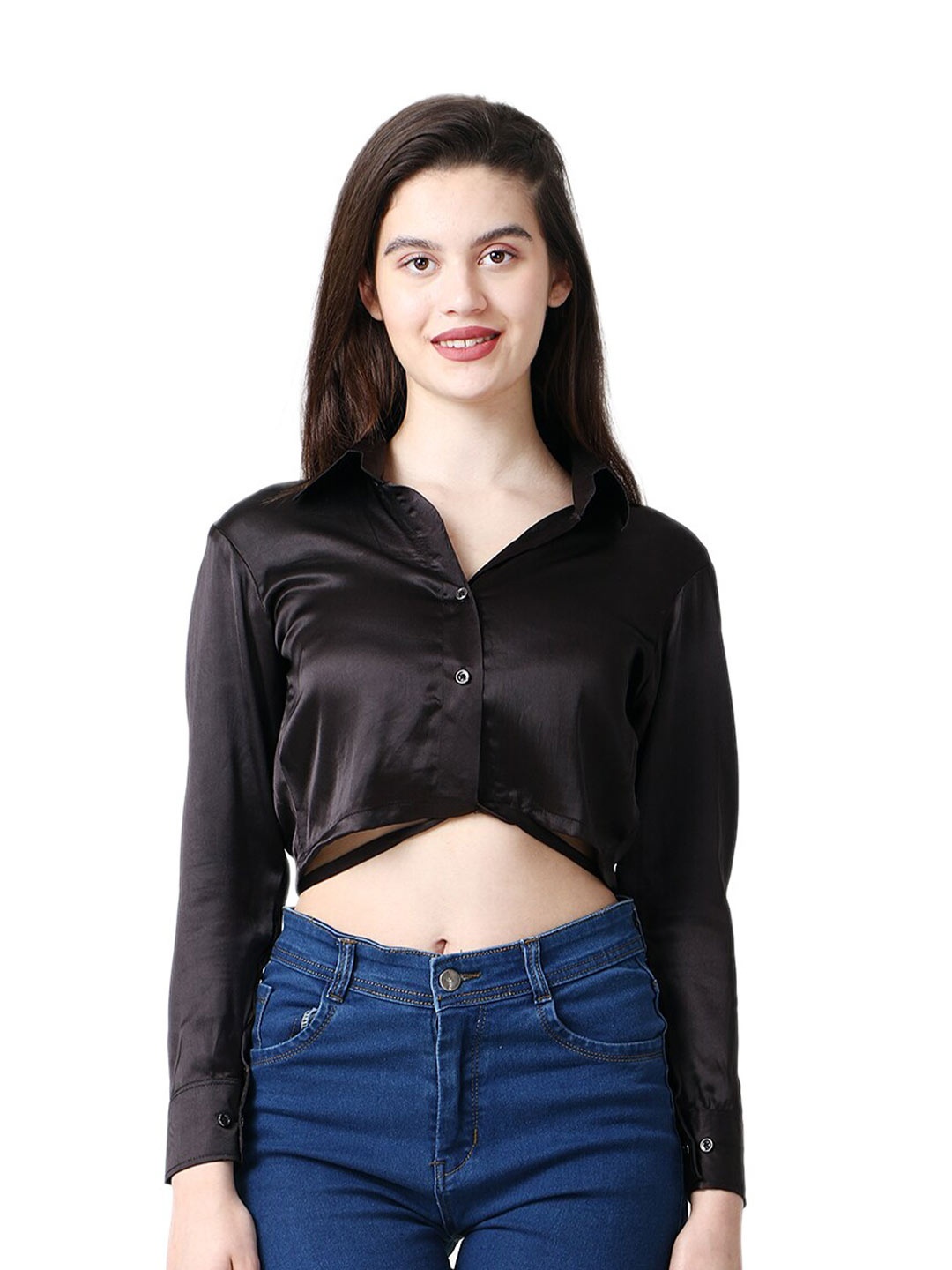 

CareDone Satin Shirt Style Crop Top, Black