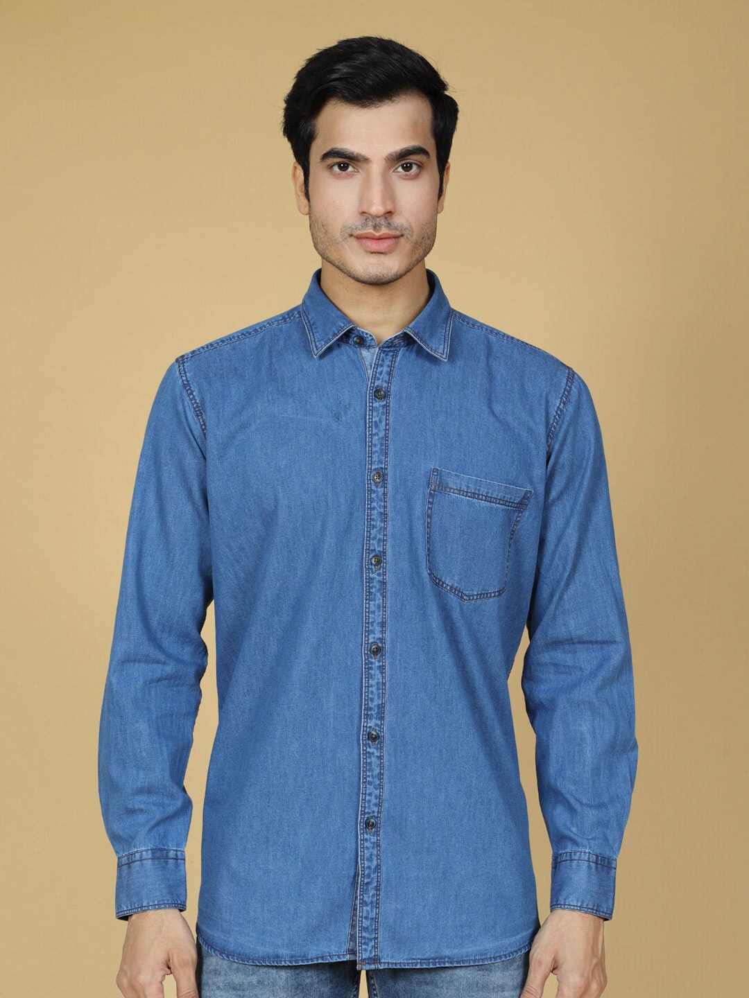 

ZEDD Spread Collar Cotton Denim Casual Shirt, Blue