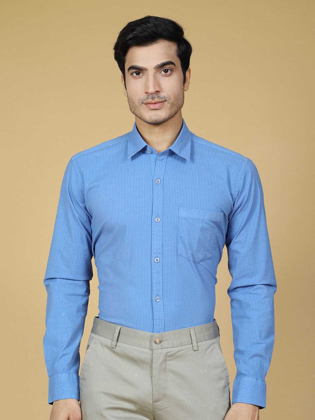 

ZEDD Spread Collar Striped Cotton Formal Shirt, Blue