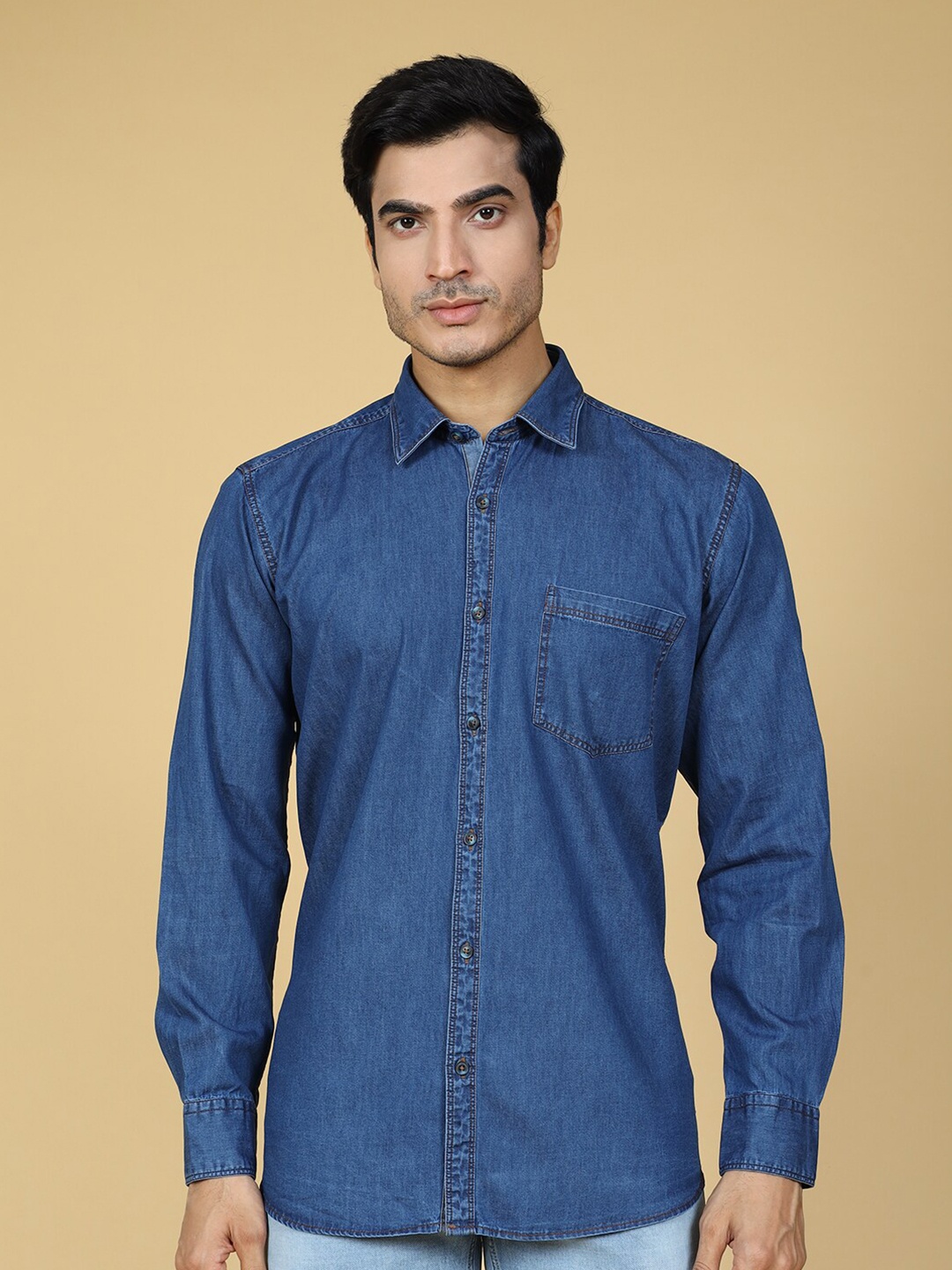 

ZEDD Spread Collar Cotton Denim Casual Shirt, Blue