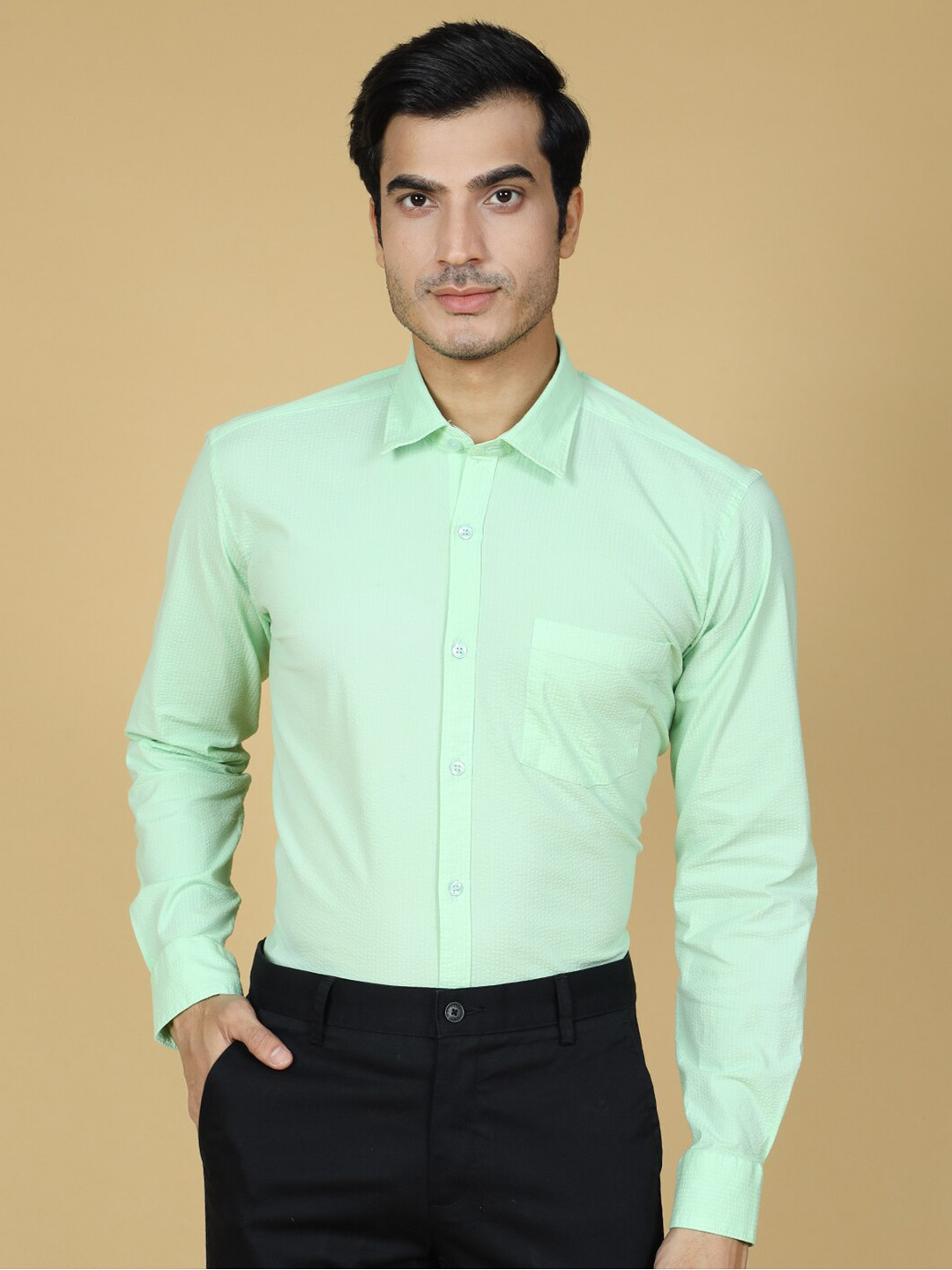 

ZEDD Self Design Textured Cotton Formal Shirt, Green