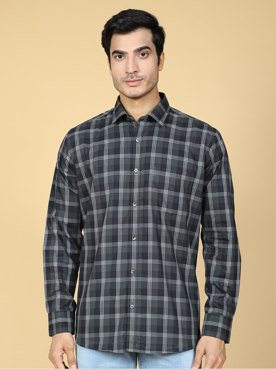 

ZEDD Tartan Checked Casual Cotton Shirt, Black