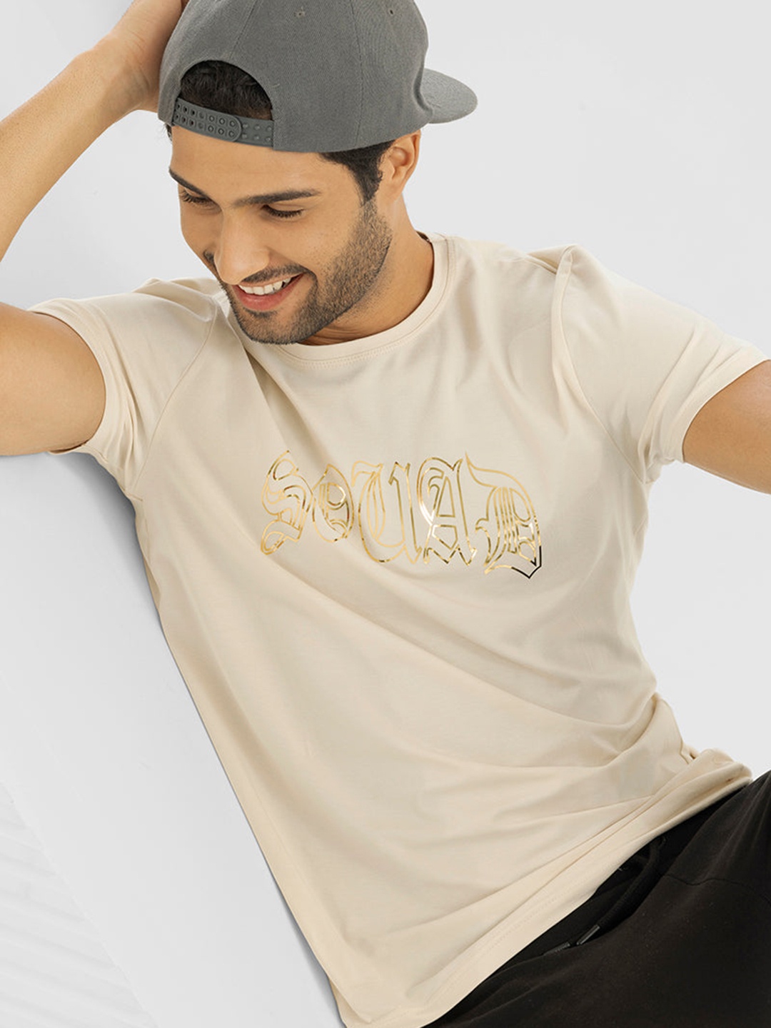 

Snitch Typography Printed Round Neck Short Sleeves T-shirt, Cream