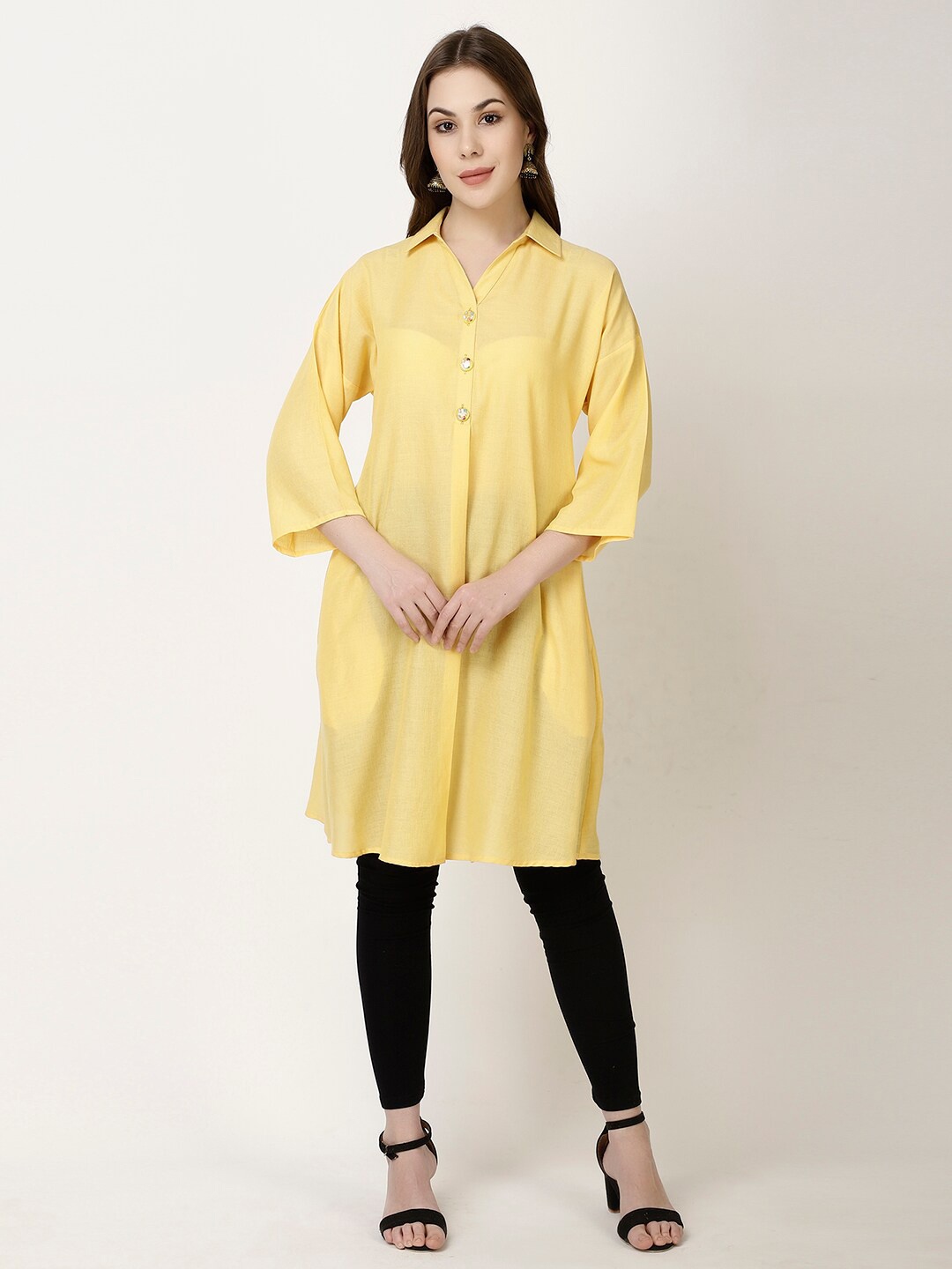 

FFU Spread Collar Drop Shoulder Sleeves A-Line Linen Kurta, Yellow