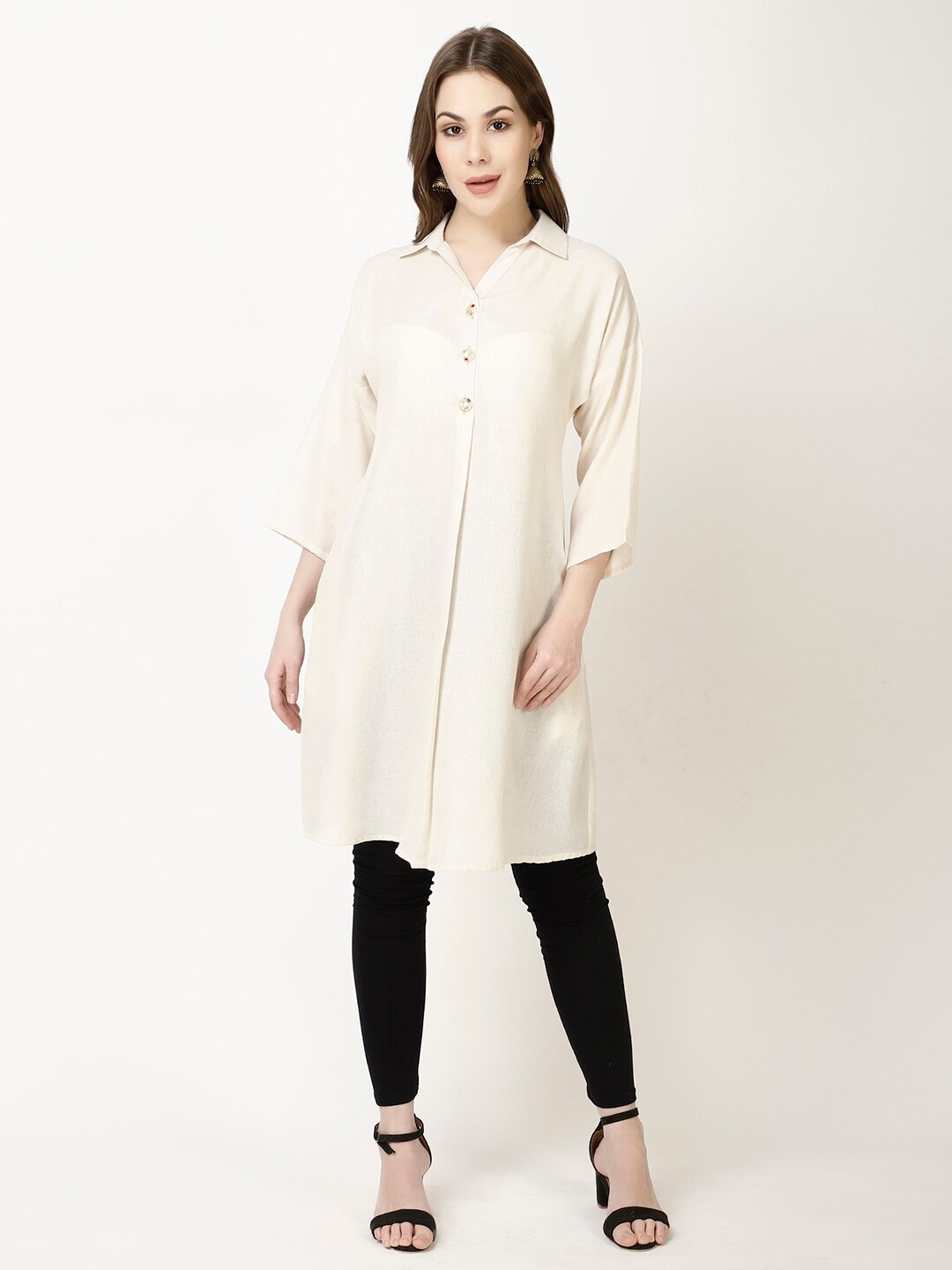 

FFU Spread Collar Drop Shoulder Sleeves A-Line Linen Kurta, Off white