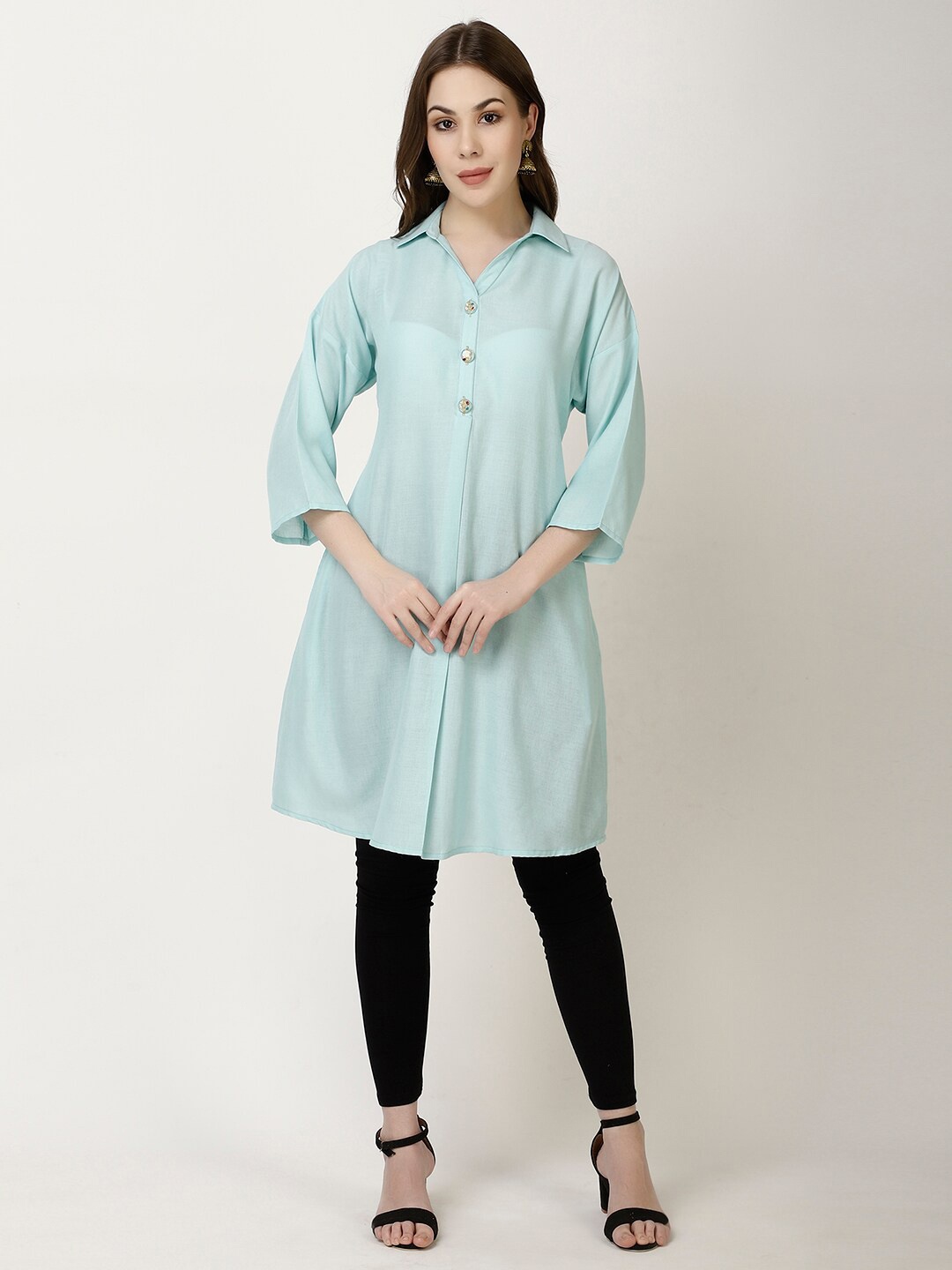 

FFU Spread Collar Drop Shoulder Sleeves A-Line Linen Kurta, Turquoise blue