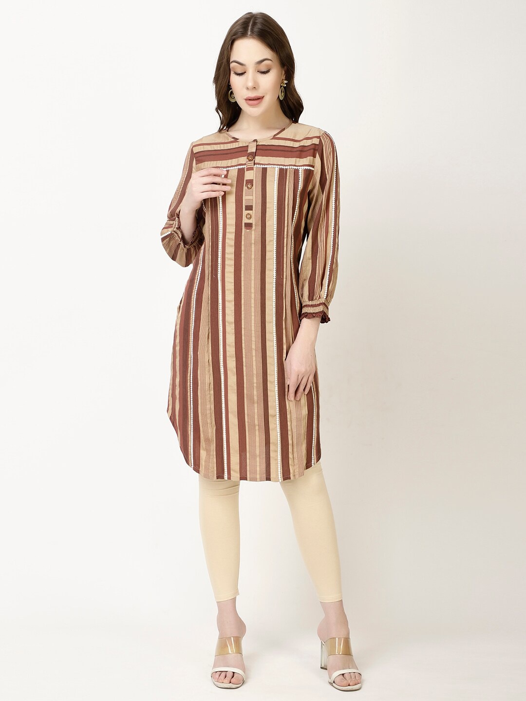 

FFU Striped Puff Sleeves Kurta, Brown