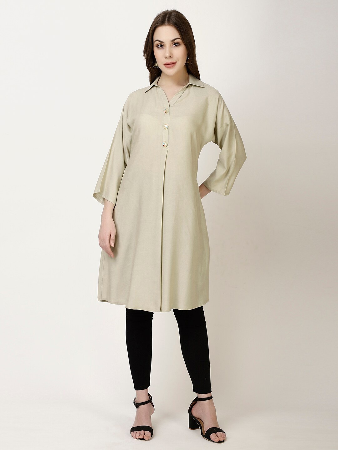 

FFU Spread Collar Drop Shoulder Sleeves A-Line Linen Kurta, Beige