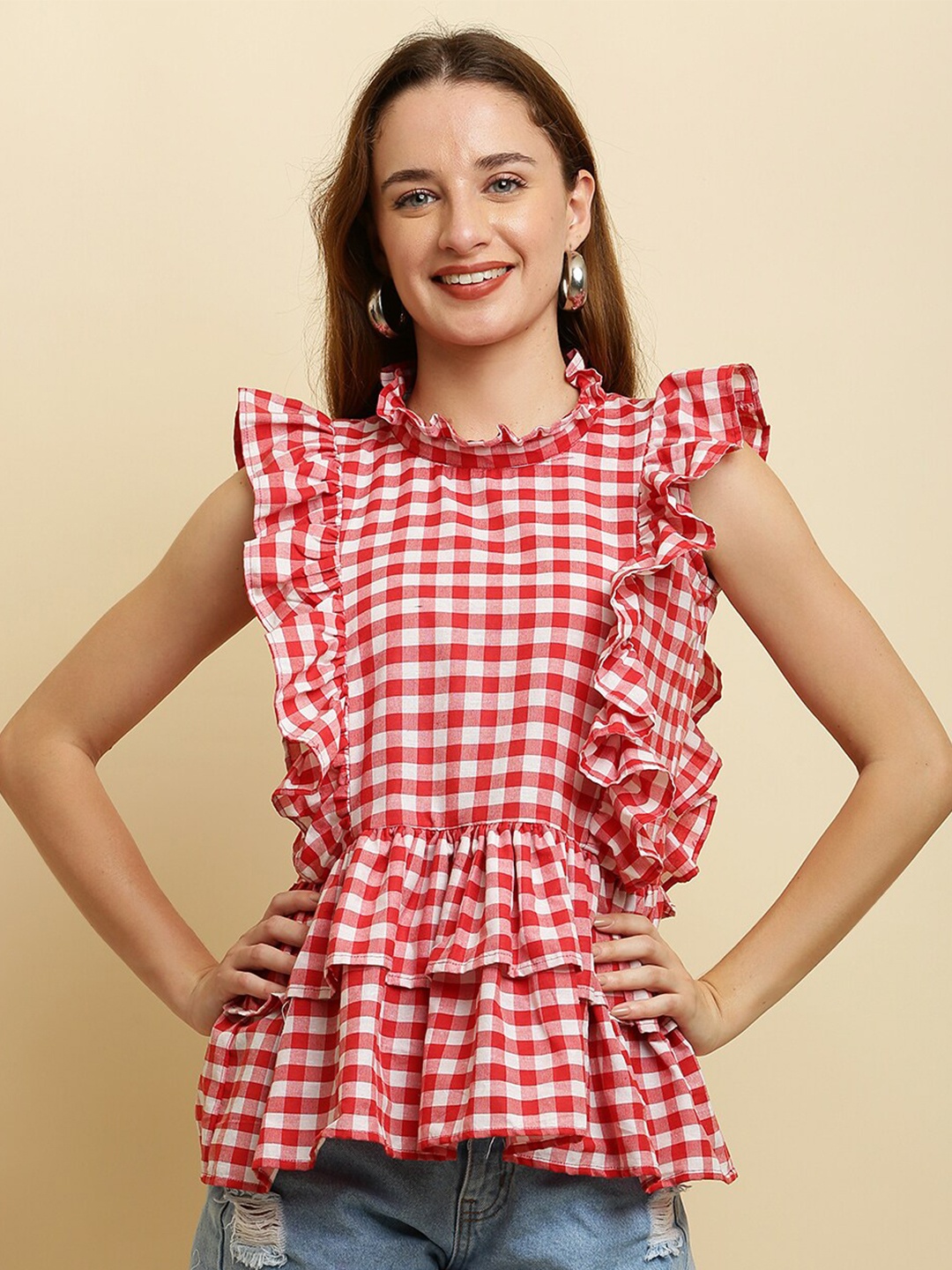 

HERE&NOW Checked Ruffles Pure Cotton Peplum Top, Red