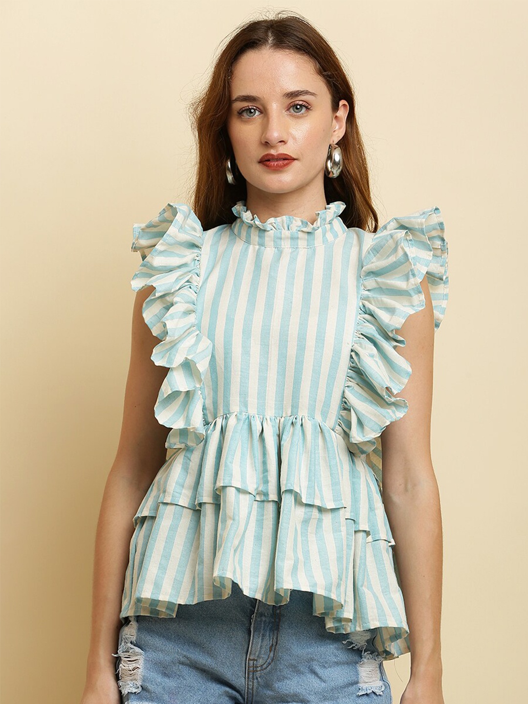 

HERE&NOW Vertical Striped Flutter Sleeves Ruffles Pure Cotton Top, Blue