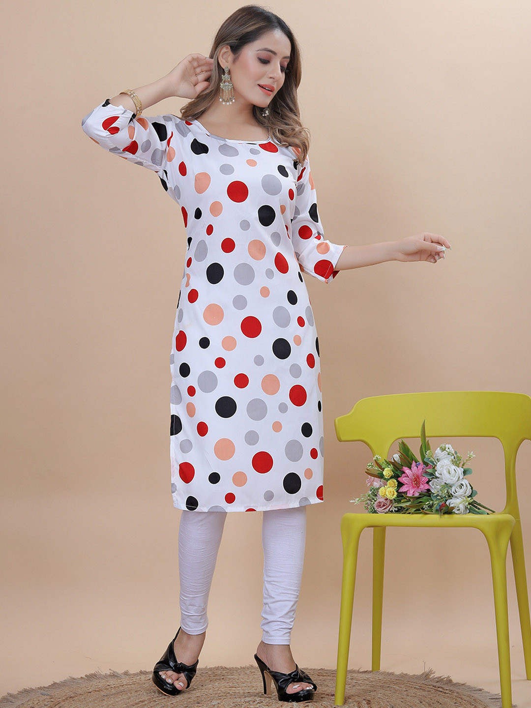 

KALINI Polka Dots Printed Crepe Kurta, White