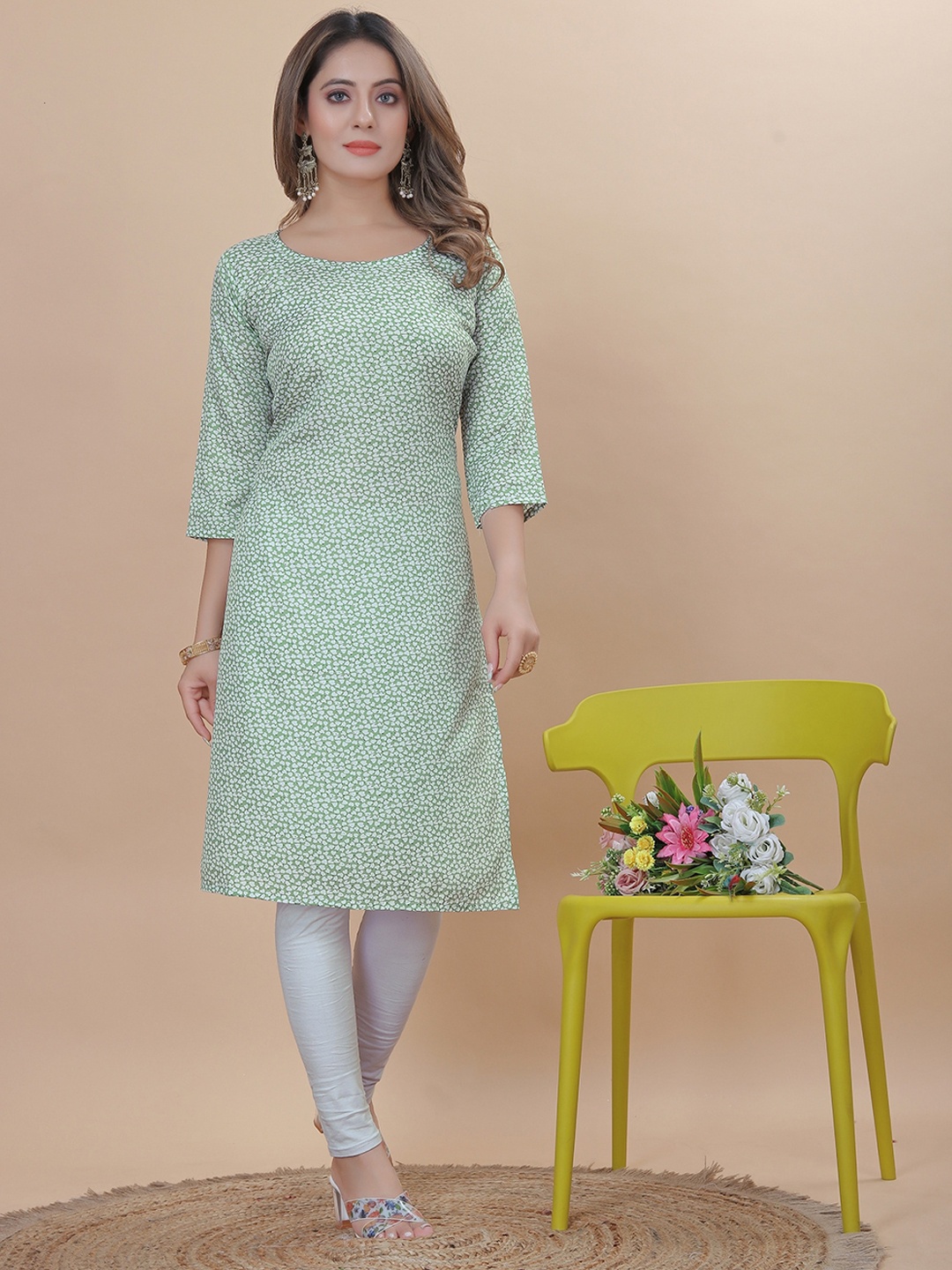

KALINI Floral Printed Straight Crepe Kurta, Green