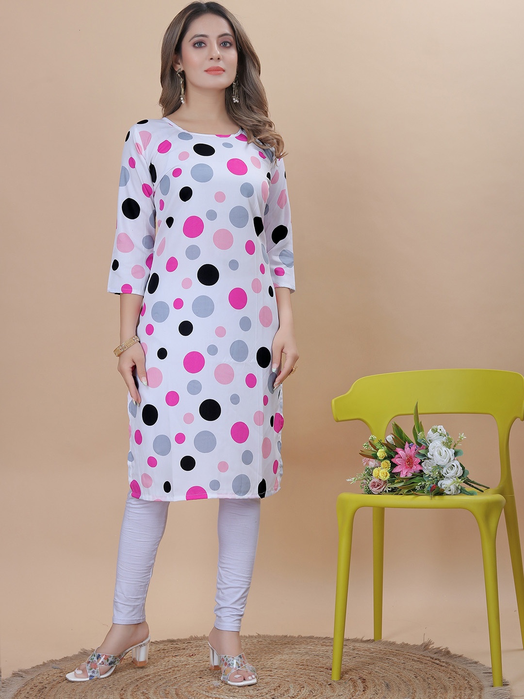 

KALINI Polka Dots Printed Crepe Kurta, White
