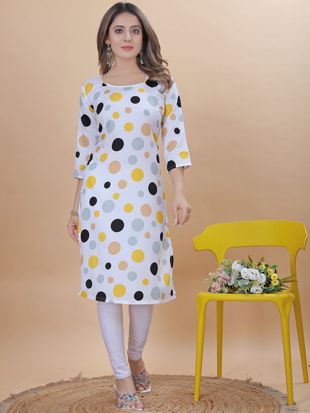 

KALINI Polka Dots Printed Crepe Kurta, White