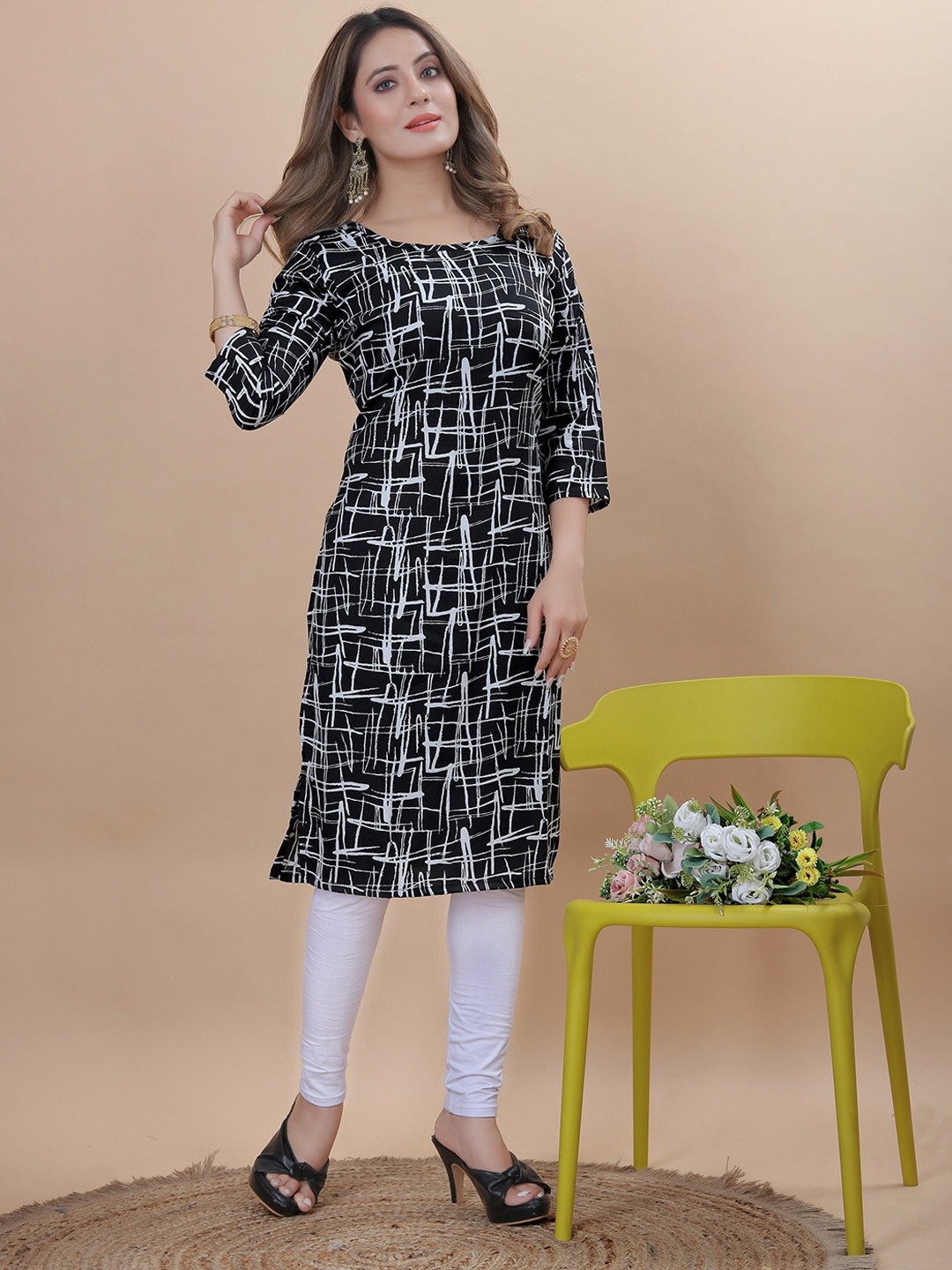

KALINI Abstract Printed Straight Crepe Kurta, Black