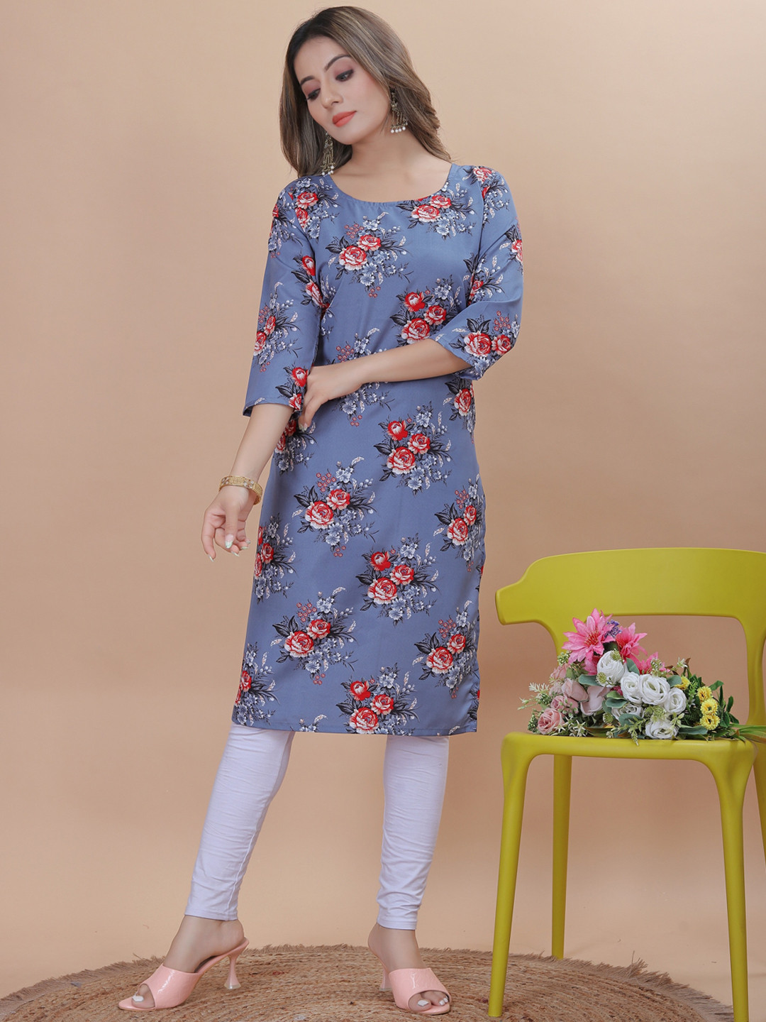 

KALINI Floral Printed Straight Crepe Kurta, Blue