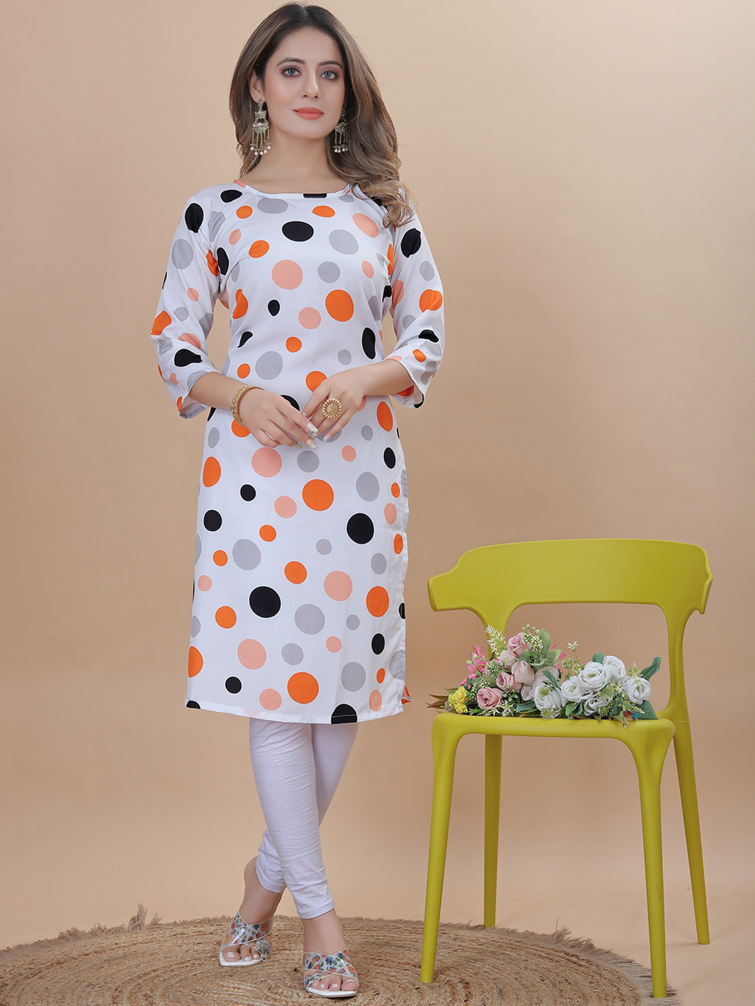 

KALINI Polka Dot Printed Boat Neck Kurta, White