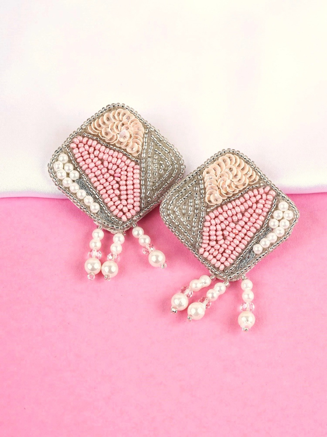 

Crunchy Fashion Beaded Square Drop Earrings, Pink