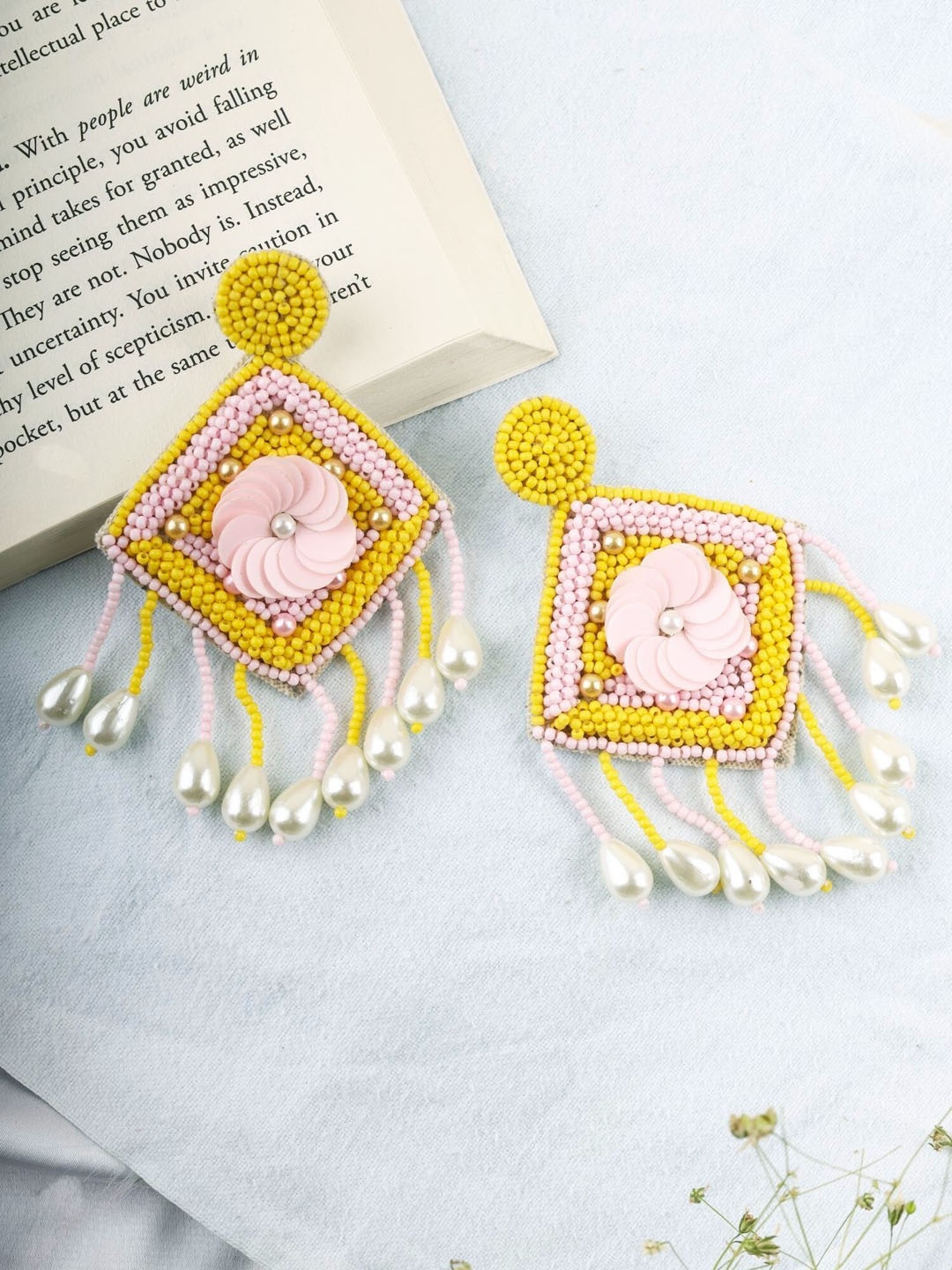 

Crunchy Fashion Beaded Geometric Drop Earrings, Yellow