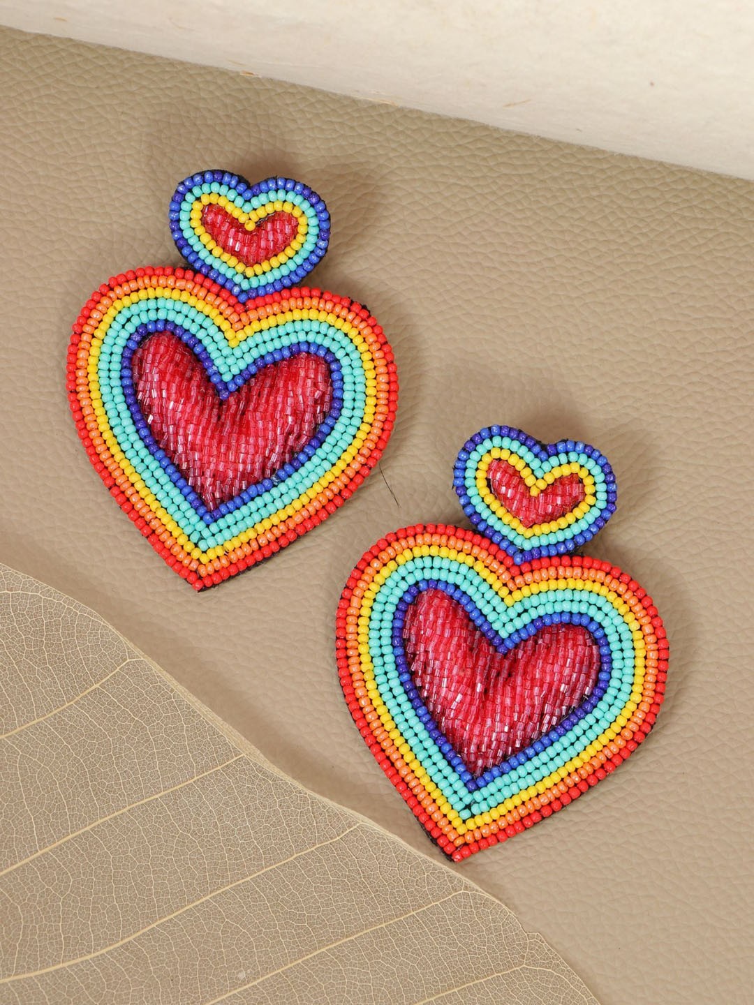 

Crunchy Fashion Beaded Heart Shaped Drop Earrings, Red