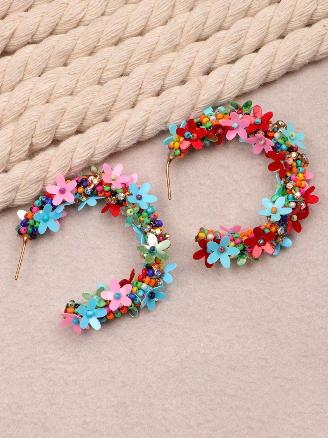 

Crunchy Fashion Gold-Plated Beaded Floral Half Hoop Earrings