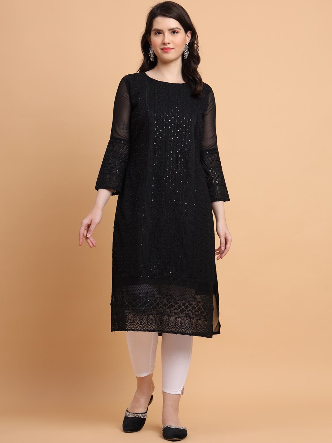 

SWAGG INDIA Ethnic Motifs Embroidered Sequinned Kurta, Black