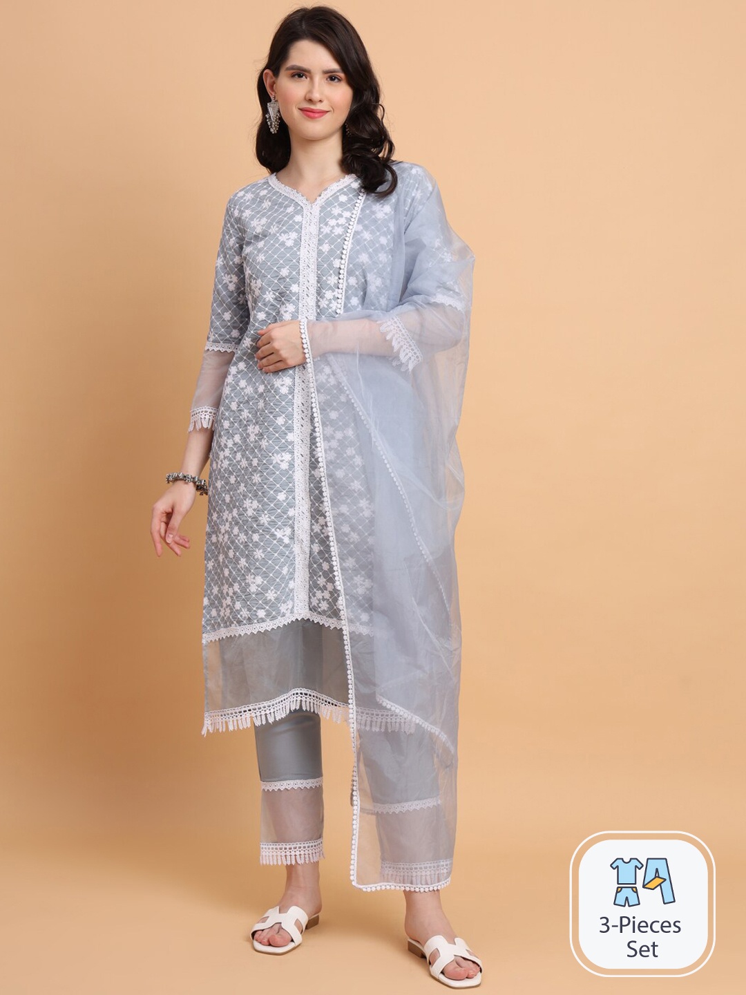 

SWAGG INDIA Floral Embroidered \Thread Work Chanderi Silk Kurta With Trousers & Dupatta, Grey