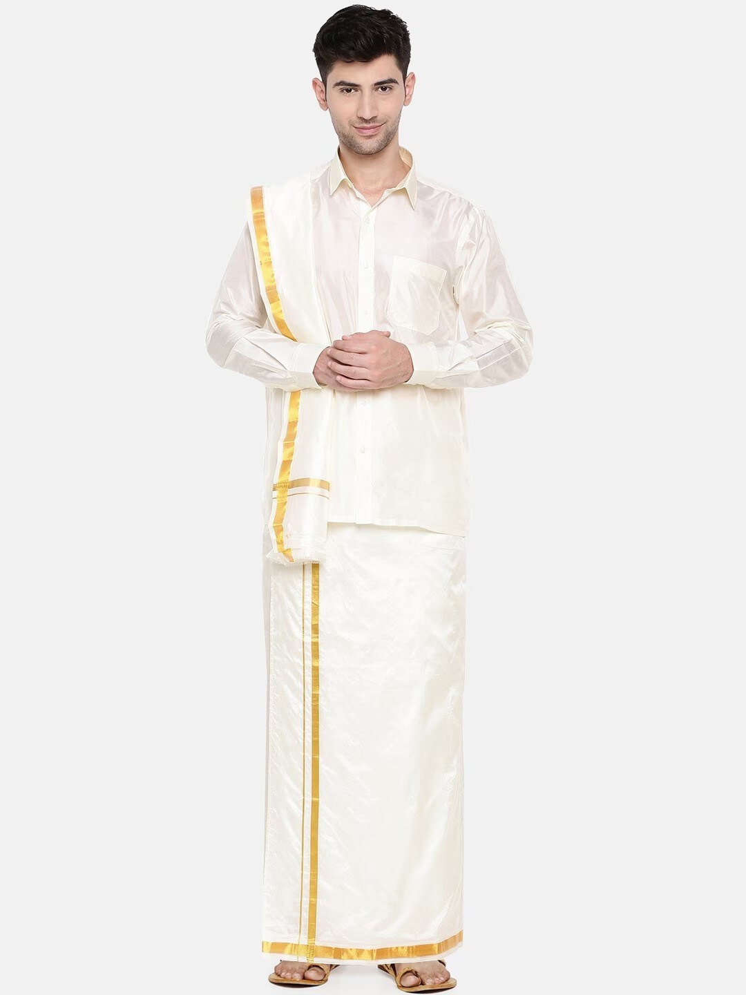 

Ramraj Men Pure Silk Dhoti With Stole, Cream