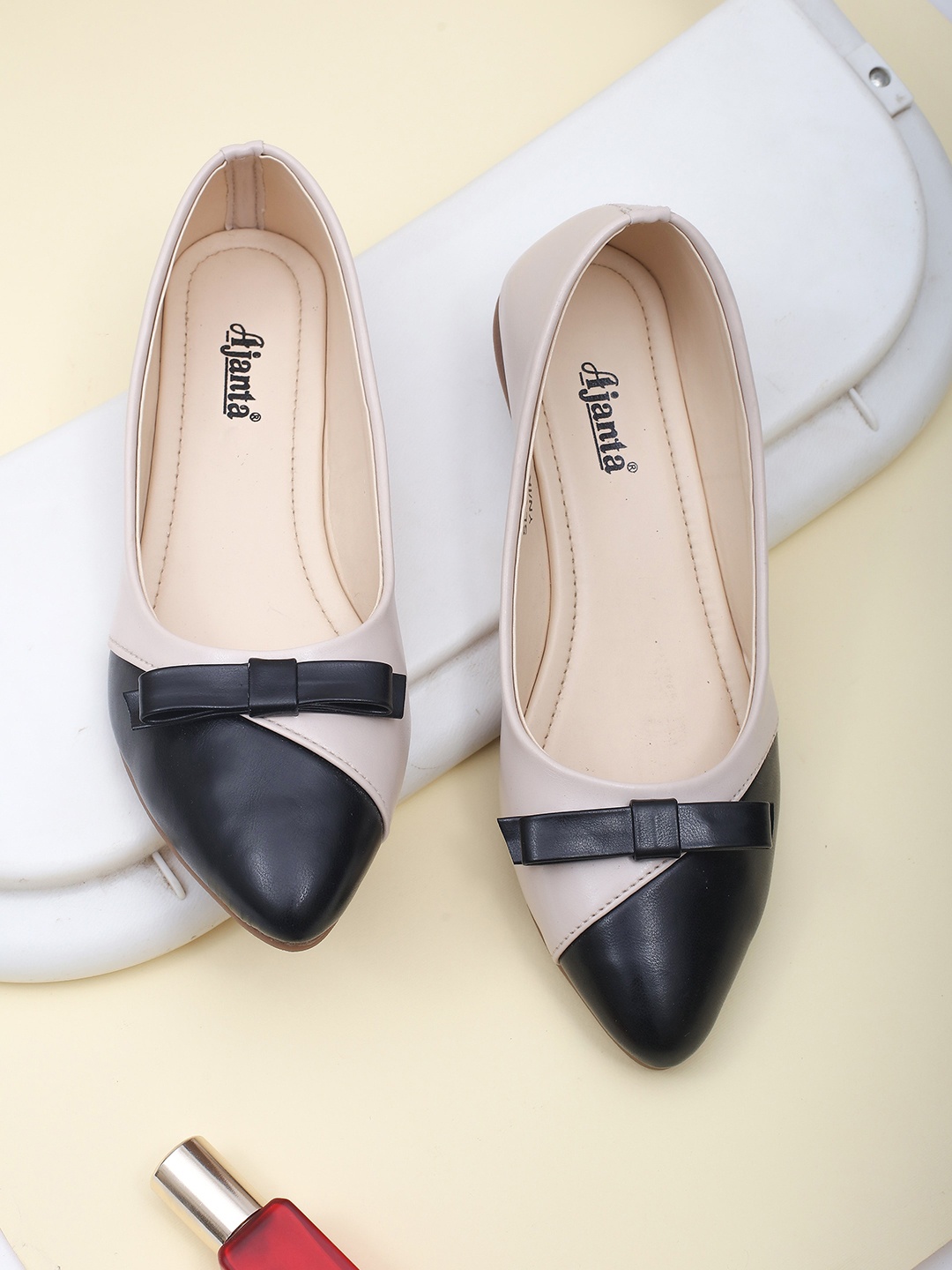 

Ajanta Pointed Toe Colourblocked Ballerinas With Bows, Cream