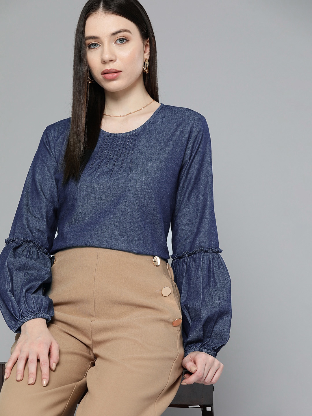 

Chemistry Puff Sleeve Indigo Cotton Denim Top, Navy blue