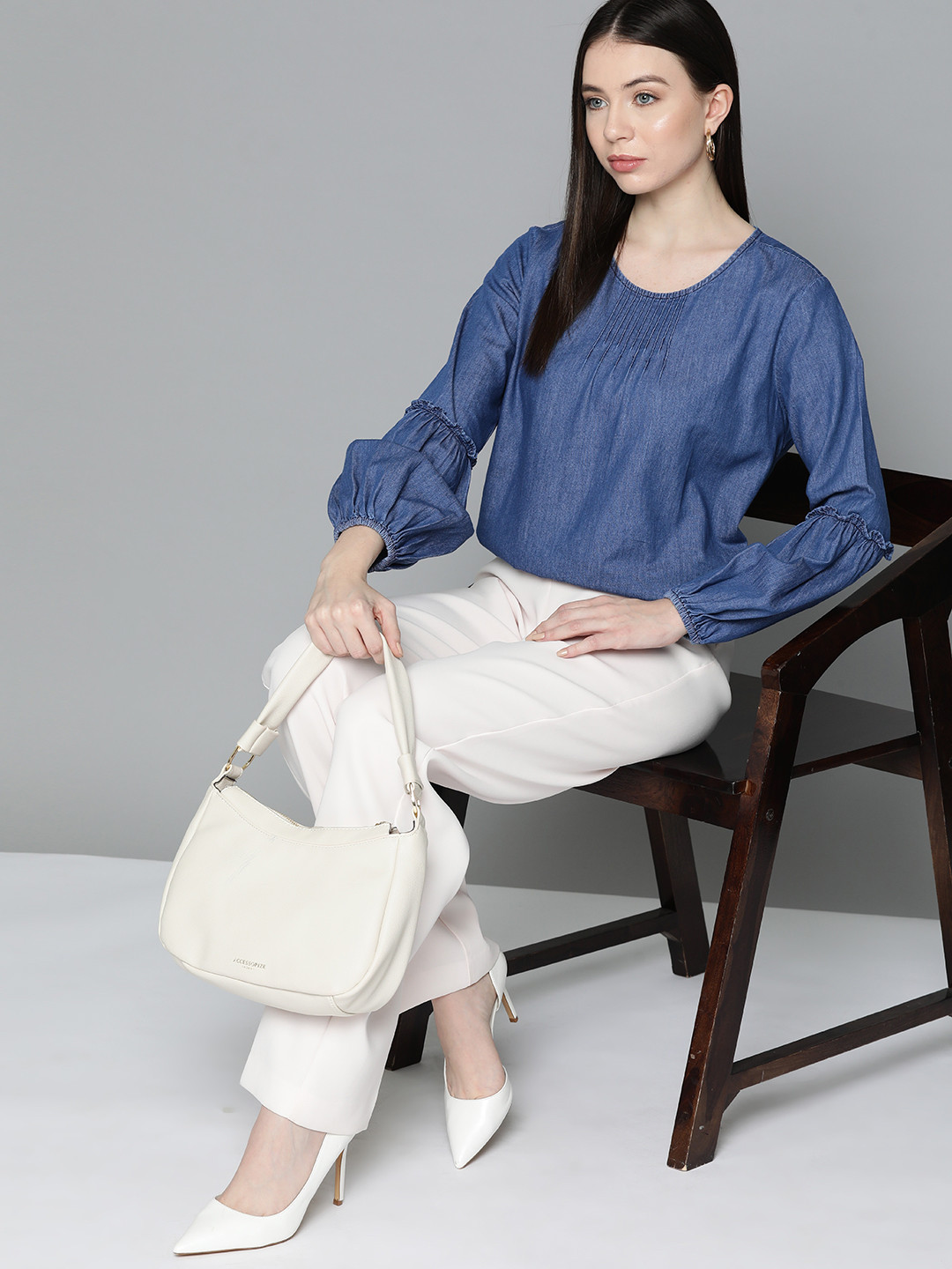 

Chemistry Puff Sleeve Indigo Cotton Denim Top, Navy blue