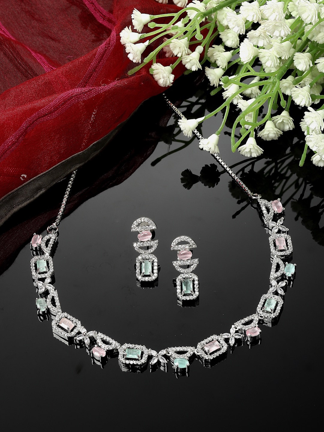 

ZENEME Rhodium-Plated AD Studded Jewellery Set, Silver