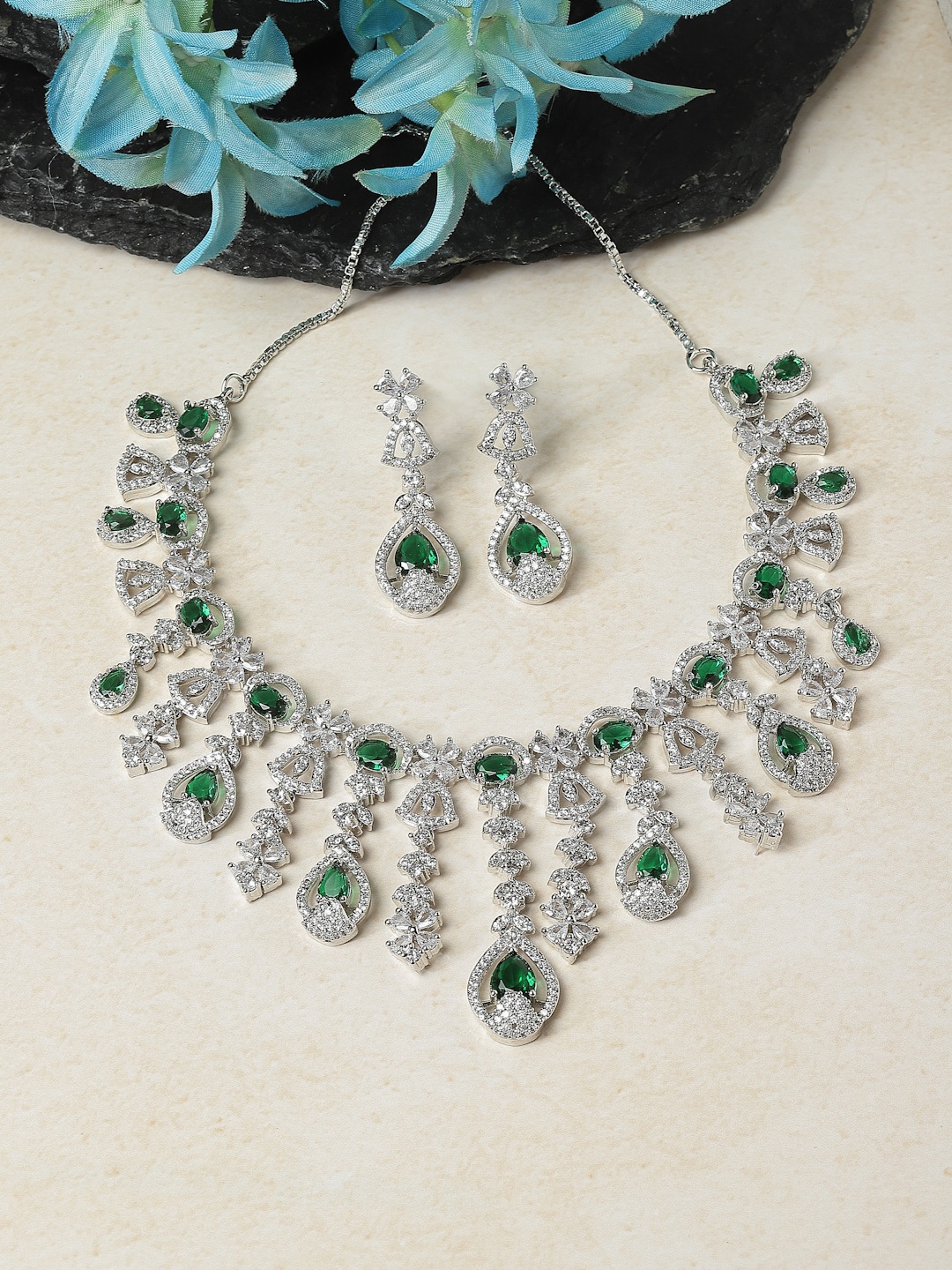

ZENEME Rhodium-Plated AD Studded Jewellery Set, Silver