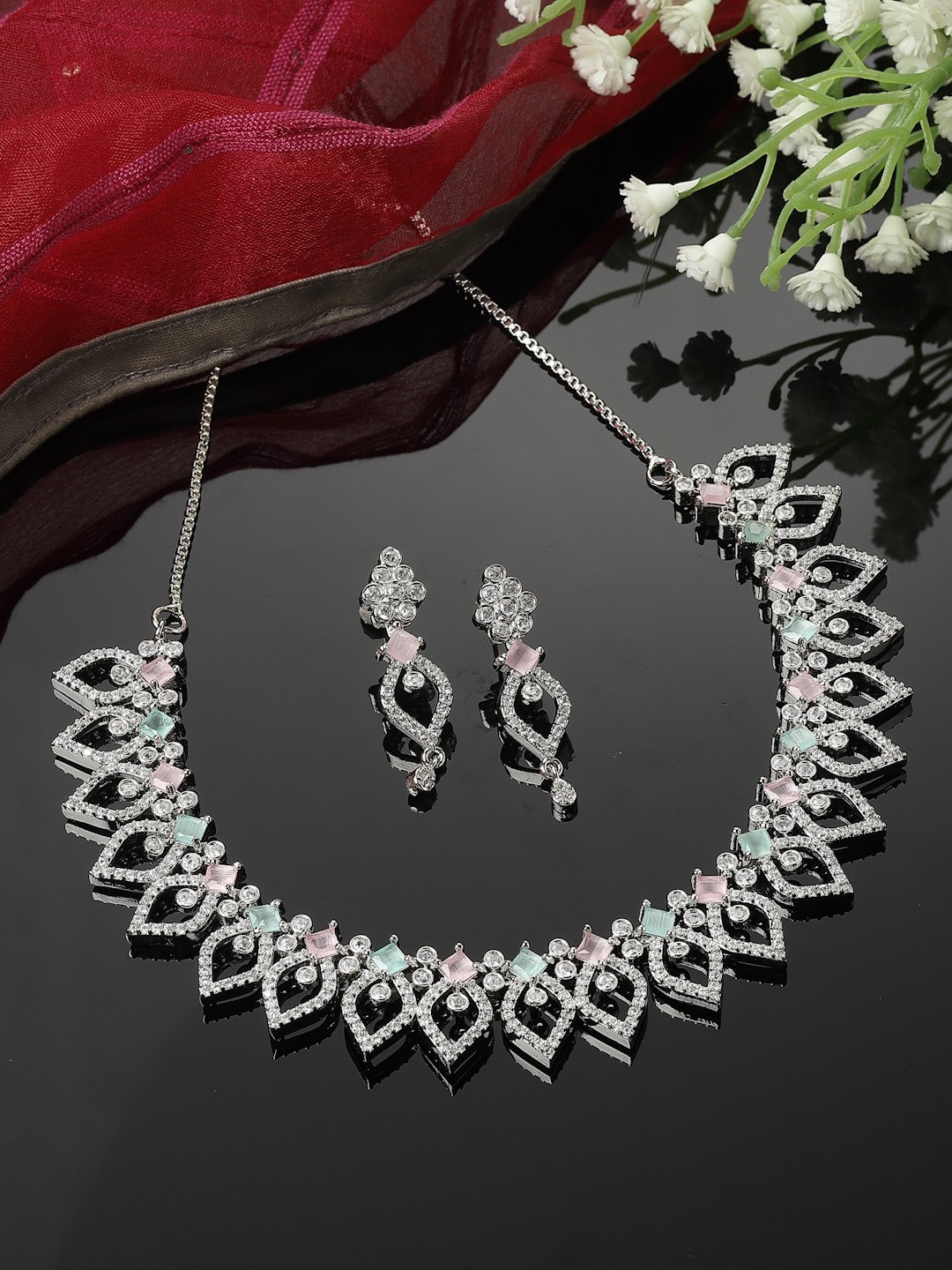 

ZENEME Rhodium-Plated AD Studded Jewellery Set, Silver