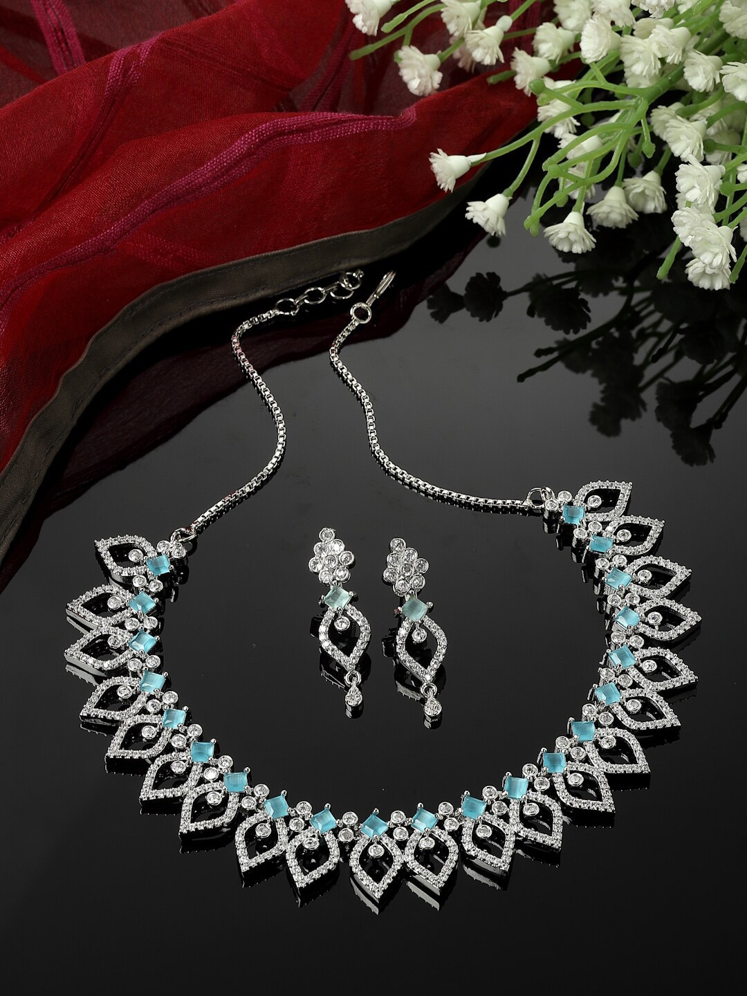 

ZENEME Rhodium-Plated AD Studded Jewellery Set, Silver