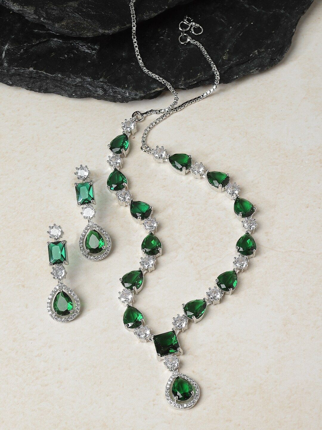 

ZENEME Rhodium-Plated AD-Studded Jewellery Set, Silver