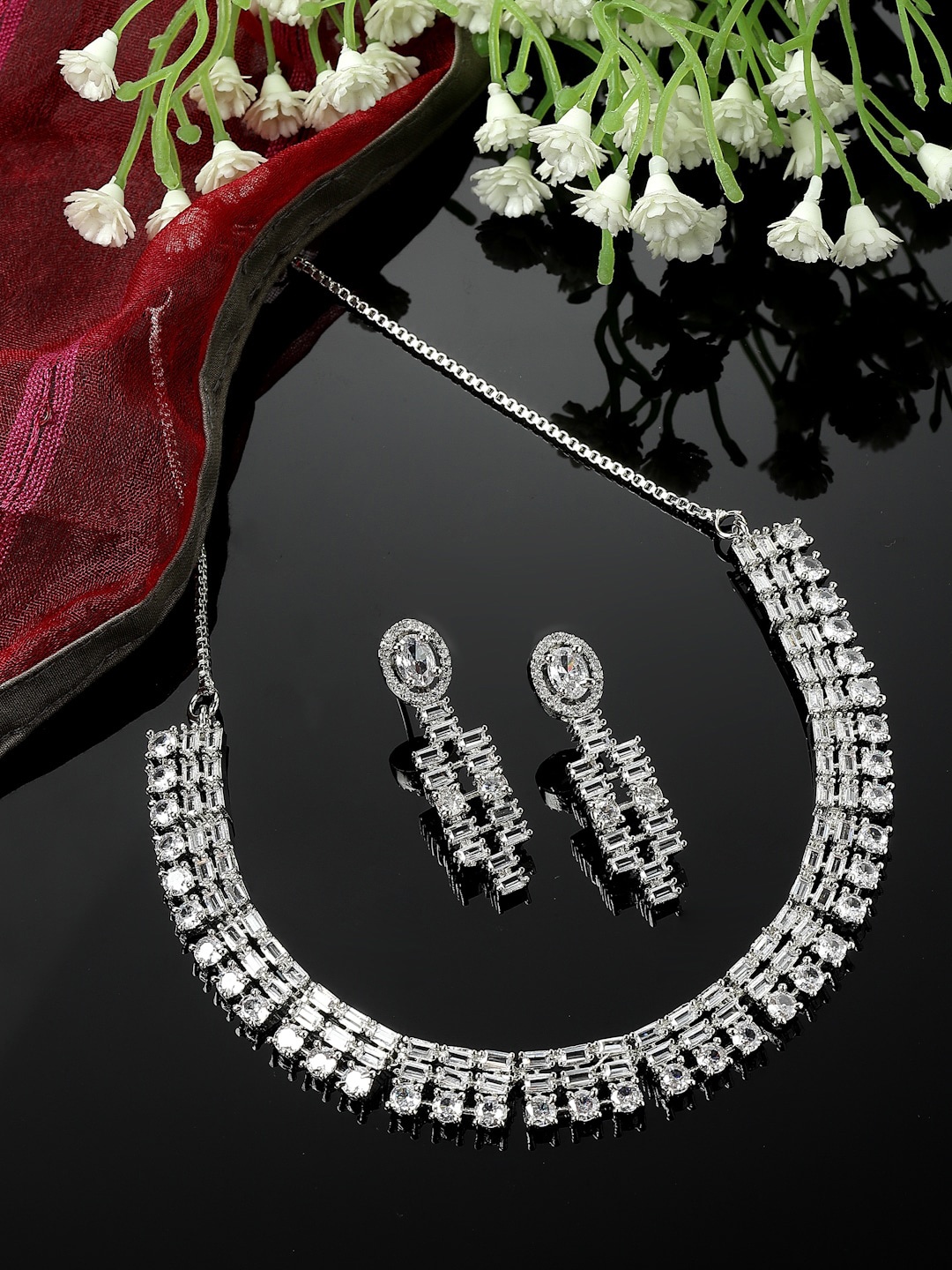 

ZENEME Rhodium-Plated American Diamond Studded Jewellery Set, Silver