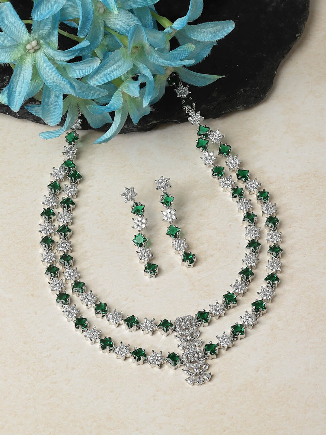 

ZENEME Rhodium-Plated American Diamond Layered Studded Jewellery Set, Silver