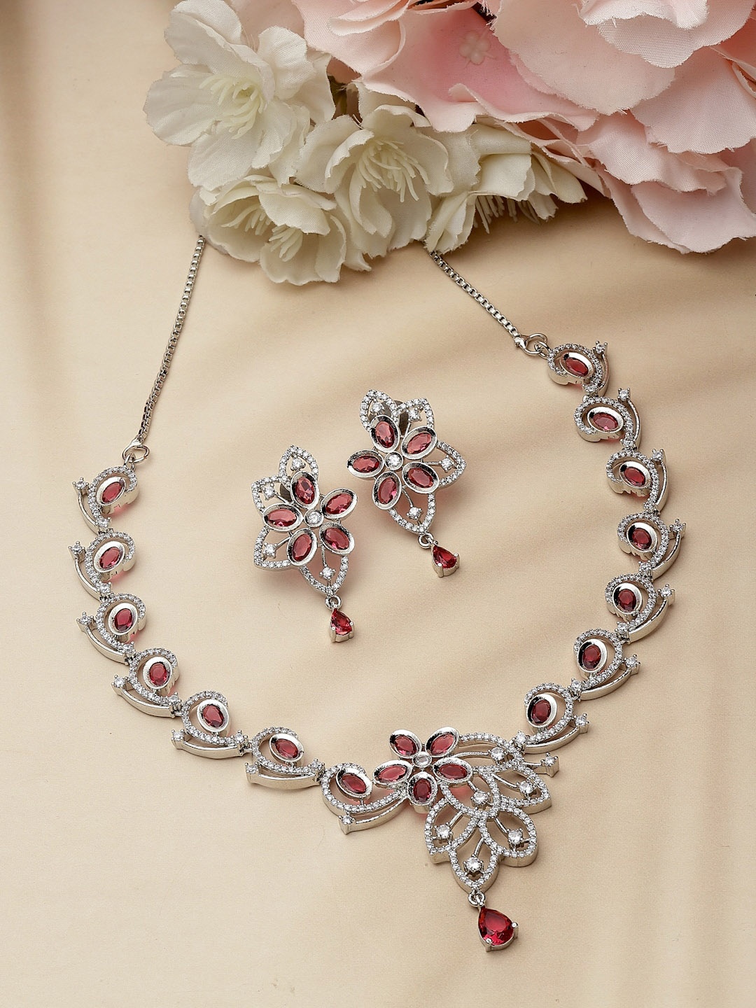 

ZENEME Rhodium-Plated American Diamond Studded Jewellery Set, Silver