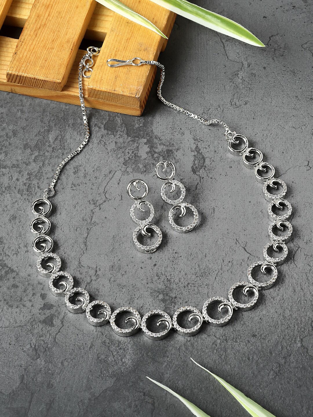 

ZENEME Rhodium-Plated Oblique Shaped American Diamond-Studded Jewellery Set, Silver