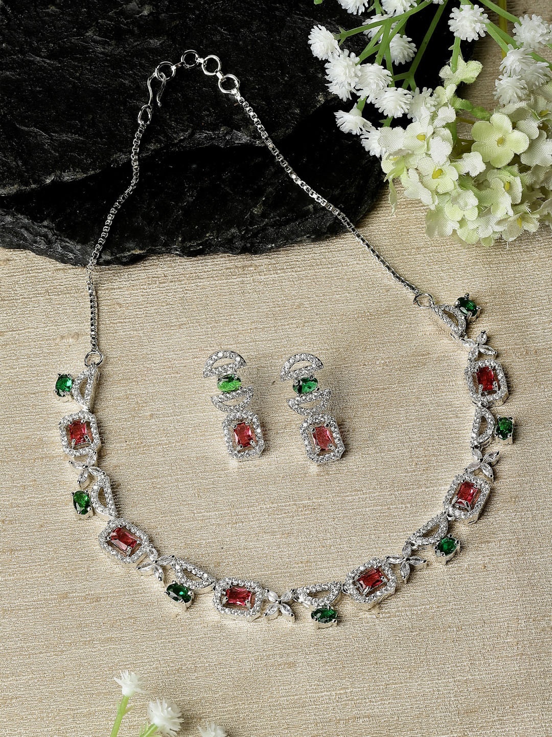 

ZENEME Rhodium-Plated AD-Studded Jewellery Set, Silver