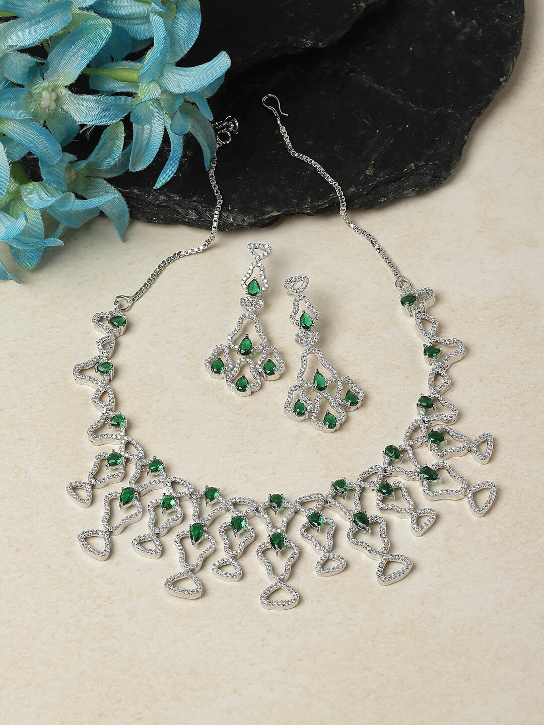 

ZENEME Rhodium Plated American Diamond Studded Jewellery Set, Silver